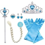 Prinsessan Elsas Kostymtillbehör Set för Barn, Inkluderar Fläta, Tiara, Handskar och Trollstav 6pcs - blue (braids)