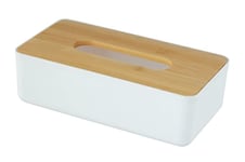 WENKO Boîte à mouchoirs Rotello, pour lingettes cosmétiques ou mouchoirs en boîtes cartonnées standards, en plastique, couvercle en bambou, retrait facile, 24 x 7,5 x 12,7 cm, blanc/couleur naturelle