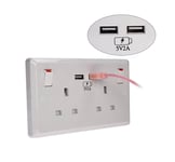 USB Double Wall Plug Socket 2 Gang 13A with 2 USB Charger Port Outlets - White