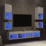 Tv-møbel til væg 8 dele med LED-lys konstrueret træ hvid