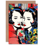 Japan Two Women Vibrant Pop Art LGBTQ for Her Valentines Blank Greeting Card