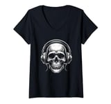 Womens Skull with Headphones V-Neck T-Shirt