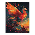 Majestic Phoenix Bird Spreading Wings Concept Painting Blue Orange Red Mythical Creature Rising From Fire Ashes Vibrant Portrait Unframed Wall Art Pri