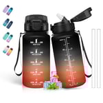 Gourde, 500ml Gourde Enfant, Gourde avec Paille, Anti-Fuite, Facile à Nettoyer, Gourde Graduée avec Slogan de Motivation, Gourde Reutilisable pour l'École, Velo, Voyage, Bureau, Extérieur, Noir-Rouge