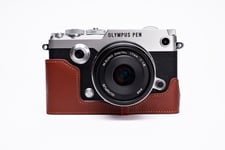 Genuine Real Leather Half Camera Case Bag Cover for Olympus PEN-F PEN F Brown