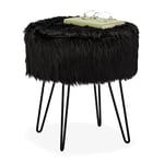 Relaxdays Tabouret Fourrure, Pouf matelassé, Longs Poils, Structure en métal, pour Coiffeuse, HxD : 41x37 cm, Noir