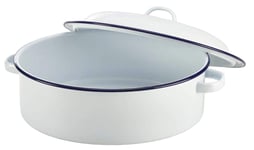 Choice Masters Enamel Roaster Pan with Lid 29cm - Single Traditional Round Rustic Casserole Dish- White with Blue Rim - Mothers Day Gift - Oven, Freezer, Dishwasher and Food Safe