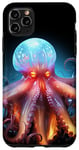 Coque pour iPhone 11 Pro Max Bleu Orange Octopus la nuit Deep Sea Creature Art