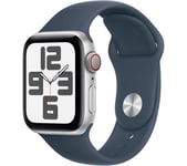 APPLE Watch SE Cellular (2023) - 40 mm Silver Aluminium Case with Storm Blue Sport Band, S/M, Silver/Grey,Blue
