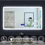 Miroir de salle de bain 120cmx70cm multifonctionnel avec LED réglable + antibuée + Panneau LCD (Tactile+Bluetooth+ Horloge+Date+Température)+Miroir
