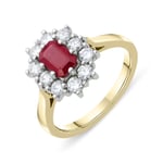 18ct Yellow Gold Ruby and Diamond Emerald Cut Cluster Ring