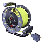 Masterplug OMU25132USL-PX Pro-XT Four Socket Open Cable Reel Extension Lead with Winding Handle and Two USB Charging Ports, Thermal Cut Out and Power Switch, 25 Metres High Visibility Cable, Green