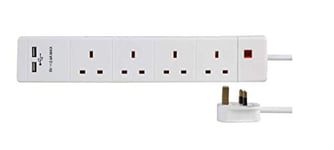 pro elec 4 Gang 2 USB Surge Protected Extension Lead, 2m, White with usb