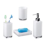 Relaxdays Accessoires salle de bain Set 4 pièces distributeur savon gobelet brosse à dent porte-savon plastique, blanc,9 x 12 x 19.5 cm