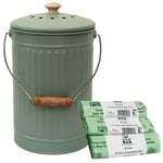 Sage Green – 7 Litre Metal Compost Caddy / Food Waste Bin & 75 Compostable Bags