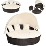 GYMAX 3-en-1 Canapé de Jardin & Lit Extérieur Rond & Table Basse, avec Auvent Rétractable Imperméable Réglable, 3 Oreillers, Salon de Jardin pour Bain de Soleil, pour Véranda, Pelouse (Blanc)