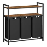 VASAGLE Panier à Linge, Corbeille à Linge Sale, Rangement 3 Compartiments, 3 Sacs Amovibles en Tissu Oxford, 2 Étagères, Cadre en Métal, 40L pour Chaque Sac, Marron Rustique et Noir BLH213B01