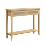 Konsolbord för hall, smalt soffbord för vardagsrum, hallbord med 2 lådor, öppen hylla, rundade hörn, Boho-stil, Ek Beige LNT016Y57