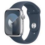 Refurbished Apple Watch Series 9 GPS, 45mm Silver Aluminium Case with M/L Storm Blue Sport Band