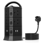 10 Way Outlets Tower Power Strip with 4 USB Ports,5V/3.1A Per Port Max With Overload Protection,Extension Long Cord 2M, MiiKARE Flat Plug Tower Extension Lead for Home Appliances Phones Laptops- Black