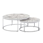 Rootz-sohvapöytäsetti 2 valkoista hopeamarmorista sohvapöytä pyöreä moderni - Sivupöytä 2-osainen metalli - Pyöreät olohuoneen pöydät - Design sisäkkä