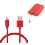 Pack Chargeur Pour Iphone 11 Pro Max Lightning (Cable Tresse 3m Chargeur + Prise Secteur Usb) Murale Universel - Rouge