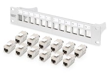 DIGITUS Set: Panneau de brassage - Modulaire - 10 pouces - 12 ports - Blindé - Montage en rack 1U - Gris - Avec 12x module Keystone Cat6A