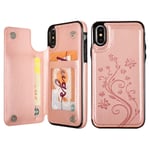 UEEBAI Case for iPhone XS Max,Luxury PU Leather Case [Two Magnetic Clasp] [Card Slots] Stand Function Butterfly Flower Pattern Durable Soft TPU Shockproof Wallet Cover for iPhone XS Max - Rose Gold#2