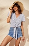 Cute Tie Knot Front Buttoned Crop T Shirt Top In White & Black Polka Dot Print
