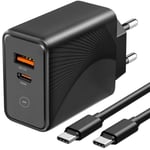 Snabb Laddare 30W - E.F.CONNECTION - PD 20W + QC 3.0 - USB-C Kabel Ingår - Kompatibel med Samsung A16 A15 A26 A36 A56 A55 Svart
