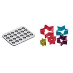 KitchenCraft Non-Stick 24-Cup Mini Mince Pie/Muffin Tray, 35 x 27 cm (14" x 10.5") & Colourworks Set of 5 Plastic Star Shaped Cookie Cutters