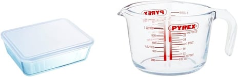 Pyrex Rectangular Dish with Plastic Lid, 0.8L & Glass Measuring Jug, Transparent