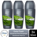 3x Dove Men+Care Extra Fresh 72H Advanced Protection APS Deodorant Roll-On, 50ml