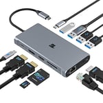 Hub USB C, Adaptateur USB C, Adaptateur Triple écran Tiergrade 12 en 1 avec Double 4K HDMI, DisplayPort, 100W PD 3.0, Ethernet RJ45, Ports USB-A USB-C, Lecteur de Carte TF/SD