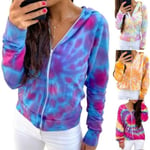 Women Tie Dye Print Jacket Casual Loose Long Sleeve Outwear Blue Xl