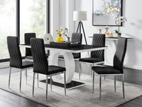 Giovani Rectangular 6 Seat White High Gloss Unique Halo Dining Table Black Glass Top 6 Soft Velvet Silver Leg Milan Chairs