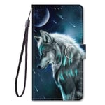 Thoankj Nokia 1.4 Phone Case Shockproof Slim PU Leather Flip Pouch Wallet Cover with Magnetic Stand Card Holder Slot Silicone Protective Smartphone Case for Nokia 1.4 Moon Wolf