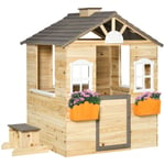 Kids Wooden Playhouse, Outdoor Garden Toys with Door, Bench, Flowerpot