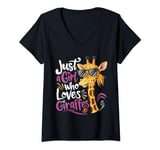Womens Just a Girl Who Loves Giraffes Girl Animals Birthday Party V-Neck T-Shirt