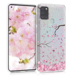 kwmobile Clear Case Compatible with Samsung Galaxy A21s - Phone Case Soft TPU Cover - Cherry Blossoms Pink/Dark Brown/Transparent