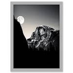 Moonrise by Half Dome in Yosemite National Park High Contrast Black White Photograph Full Moon and Mountain Forest Landscape Artwork Framed A3 Wall Art Print