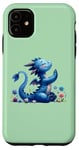 Coque pour iPhone 11 Vert mignon dragon bleu avec fleurs colorées fantaisie