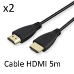 Pack de 2 Cables HDMI Male 5m pour TV LG Gold 3D FULL HD 4K Television Ecran 1080p (NOIR)