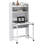HOMCOM Bureau Informatique avec étagères de Rangement Bureau d'ordinateur avec Plateau Rabattable et 2 roulettes pour Chambre Salon et Maison 80 x 69 x 153 cm Blanc