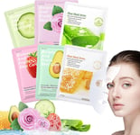 EHIOG 6Pcs Fruit Face Masks Sheet Set, Hydrating Facial Mask, Cucumber Fruit Ext