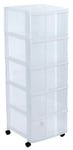 SUNDIS Modulo, tour de rangement en plastique transparent, avec roulettes, 5 grands tiroirs, hauteur 104 cm, idéale rangement bureau, cours, documents, fournitures, accessoires