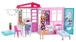 Barbie Mobilier Coffret Maison de Plain-Pied à Emporter avec Piscine, Accessoires et Une Poupee Incluse, Emballage Ferme, Jouet pour Enfant, GWY84