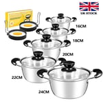 5Pcs Induction Pan Set Saucepan Set Cookware Pot Stainless Steel with Glass Lids
