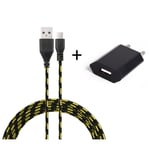 Pack Chargeur pour Manette Playstation 4 PS4 Smartphone Micro USB (Cable Tresse 3m Chargeur + Prise Secteur USB) Murale Android (NOIR) - Neuf