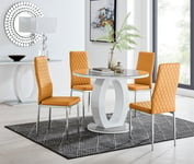 Giovani Round 4 Seat 100cm White High Gloss Halo Base Grey Glass Top Dining Table 4 Soft Faux Leather Silver Leg Milan Chairs